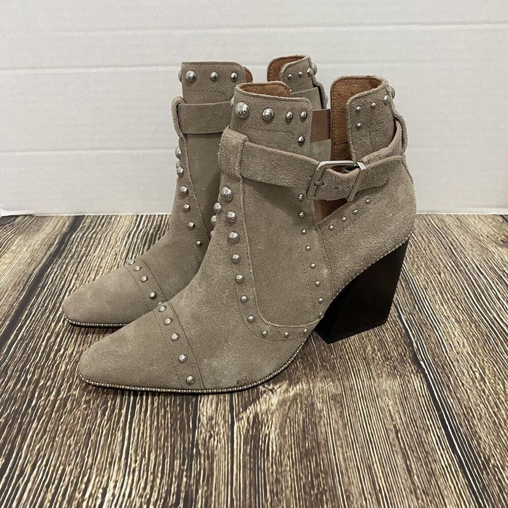 Antonio Melani Womens Studded Tan Suede Ankle Boots Sz 6.5 Buckle Heeled NWOB